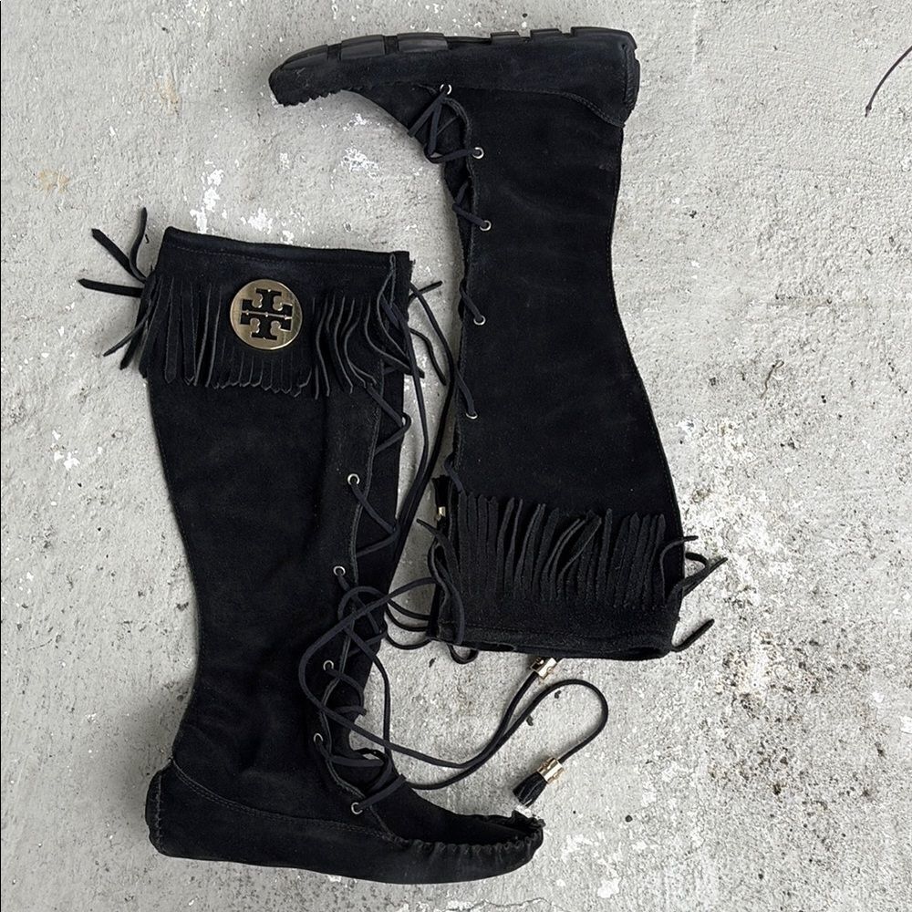 Tory Burch Walker moccasin fringe suede boots